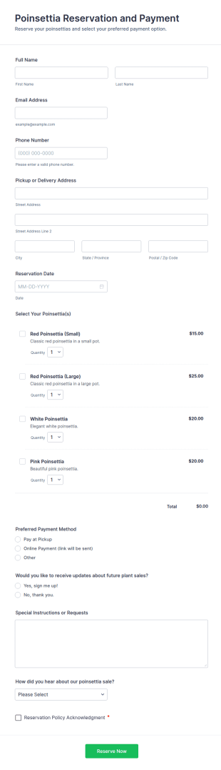 Poinsettia Reservation And Payment Form Template