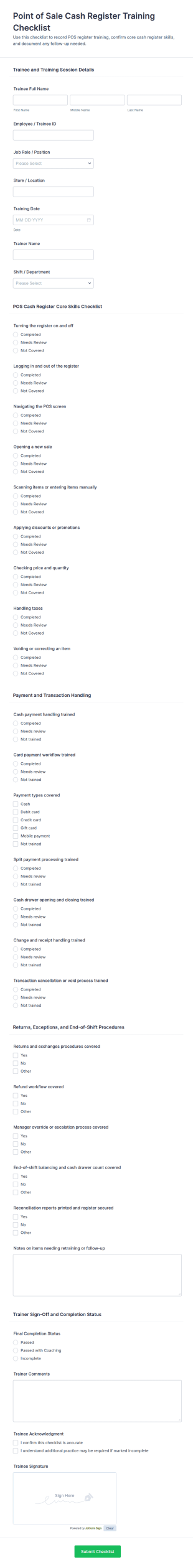 Point Of Sale Cash Register Training Checklist Form Template
