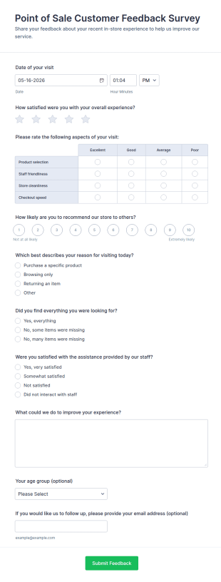 Point Of Sale Customer Feedback Survey Form Template