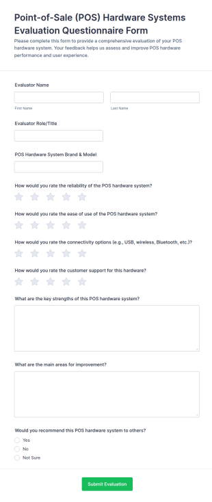Point Of Sale Hardware Systems Evaluation Questionnaire Form Template