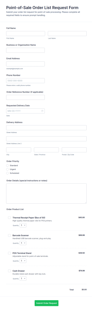 Point Of Sale Order List Request Form Template