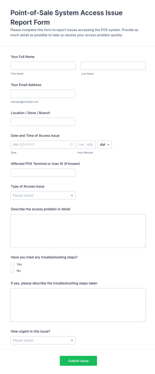 Point Of Sale System Access Issue Report Form Template