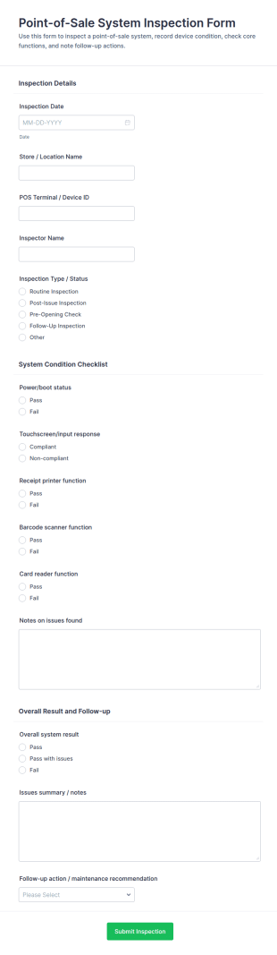 Point Of Sale System Inspection Checklist Form Template
