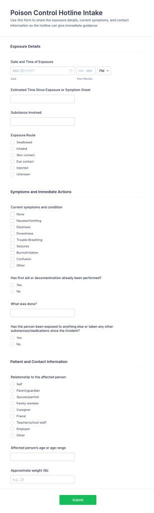 Poison Control Hotline Intake Form Template
