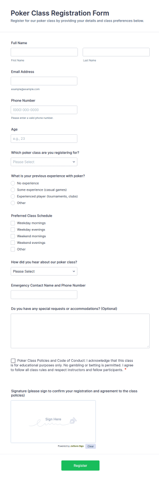Poker Class Registration Form Template