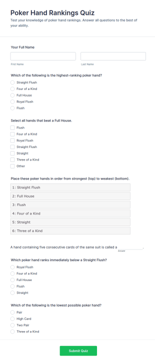 Poker Hand Rankings Quiz Form Template