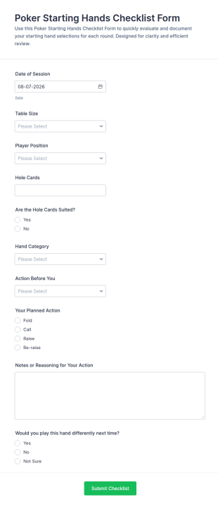 Poker Starting Hands Checklist Form Template