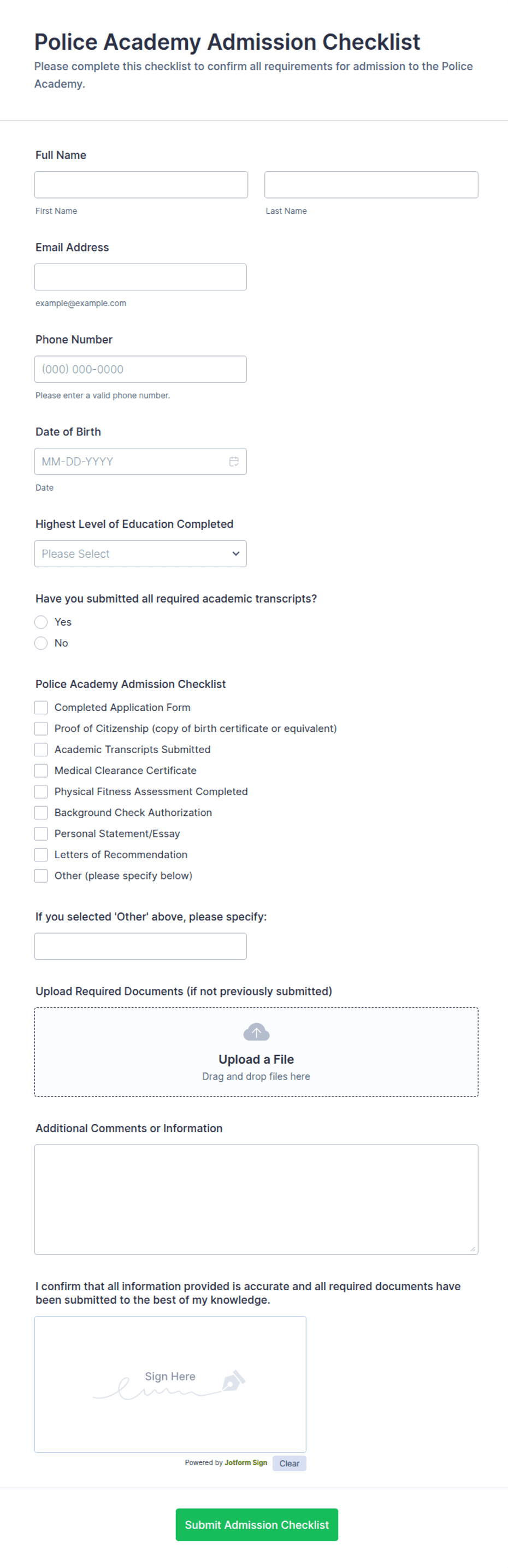 Police Academy Admission Checklist Form Template | Jotform