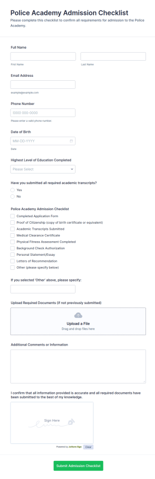 Police Academy Admission Checklist Form Template