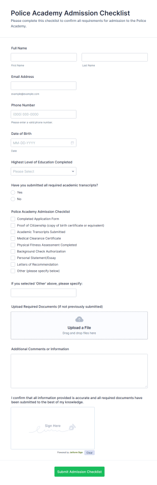 Police Academy Admission Checklist Form Template