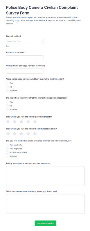 Police Body Camera Civilian Complaint Survey Form Template