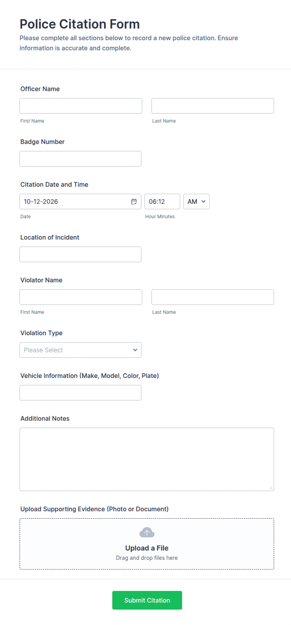 Police Citation Form Template | Jotform