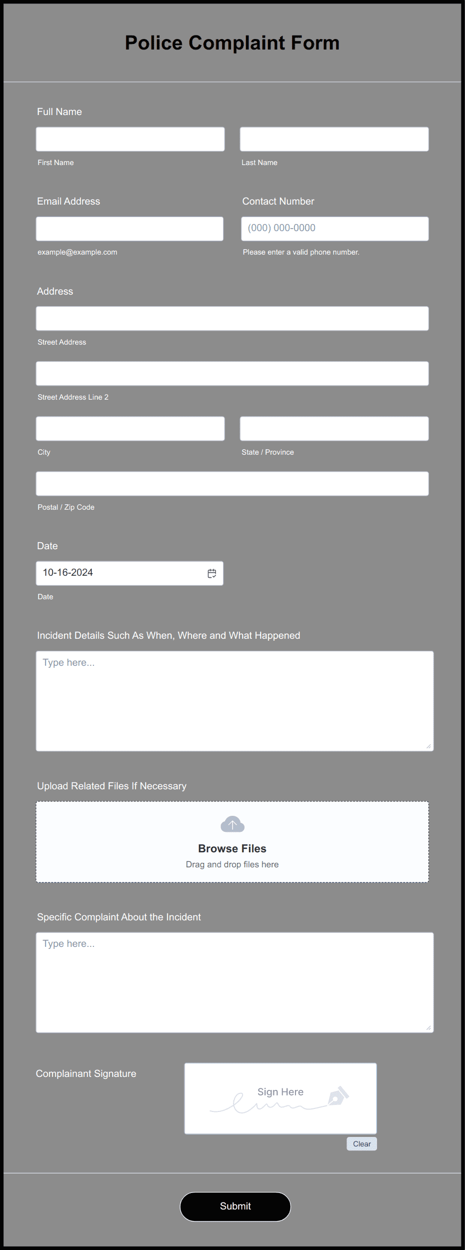 Police Complaint Form Template Jotform