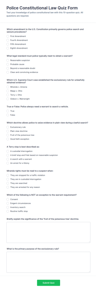 Police Constitutional Law Quiz Form Template
