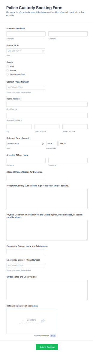 Police Custody Booking Form Template