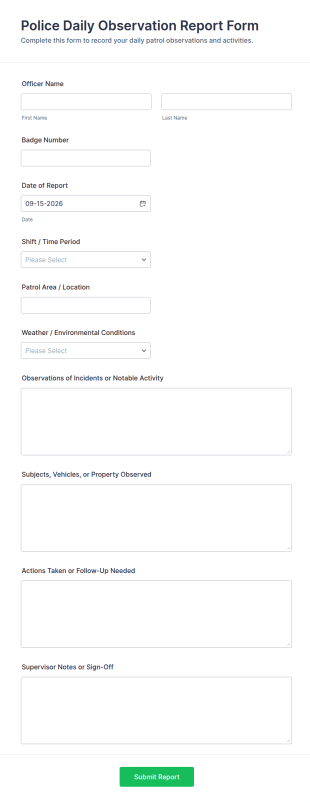 Police Daily Observation Report Form Template