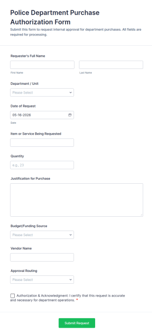 Police Department Purchase Authorization Form Template
