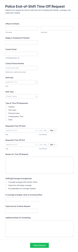 Police End Of Shift Time Off Request Form Template