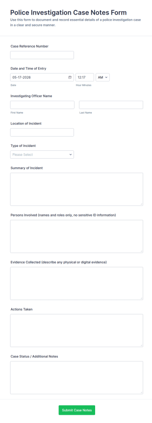 Police Investigation Case Notes Form Template