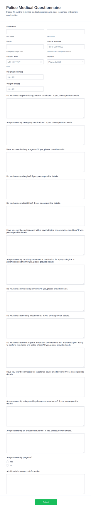 Police Medical Questionnaire Form Template