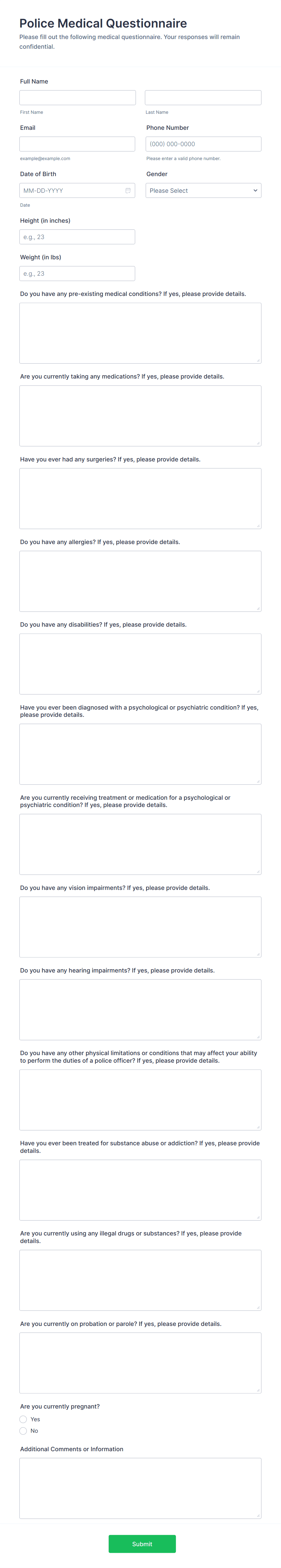 Police Medical Questionnaire Form Template | Jotform
