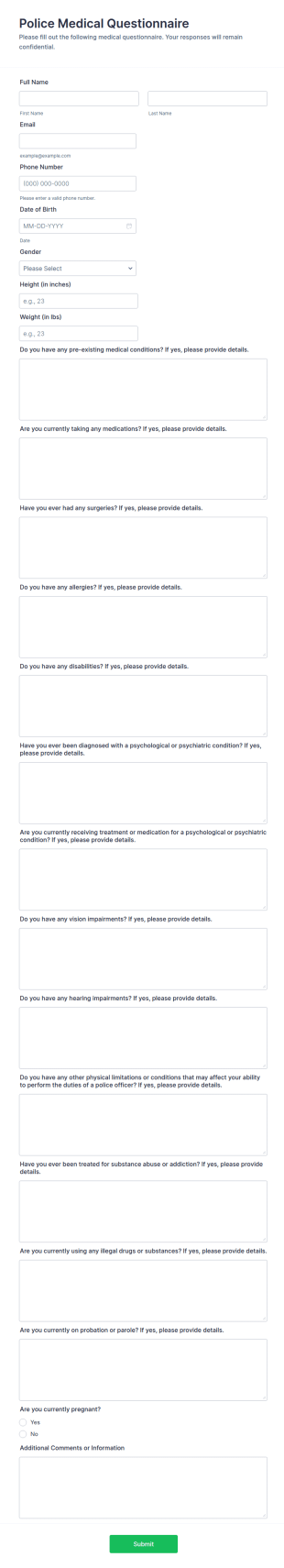 Police Medical Questionnaire Form Template