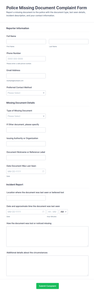 Police Missing Document Complaint Form Template