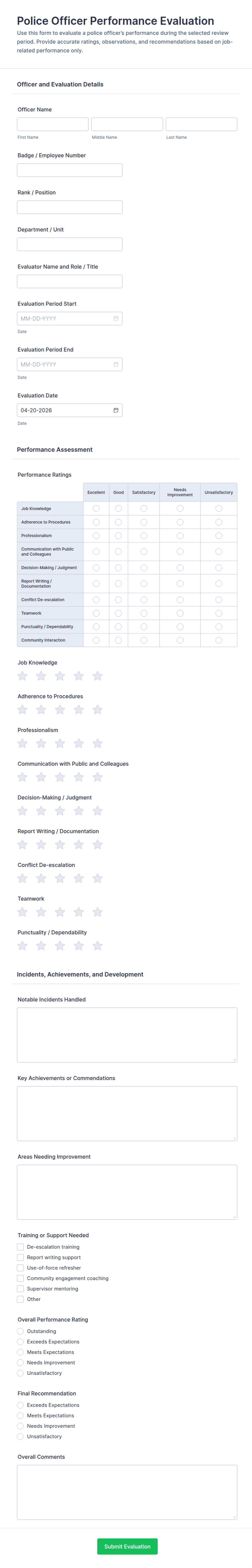 Police Officer Performance Evaluation Form Template | Jotform