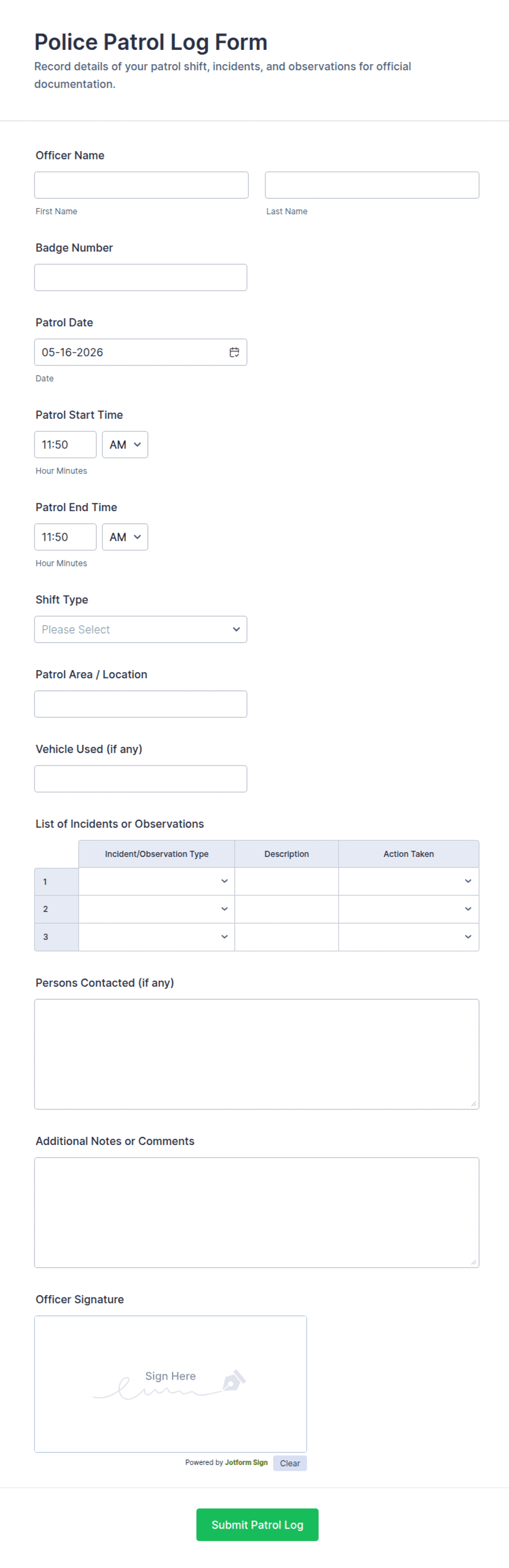Police Patrol Log Form Template | Jotform