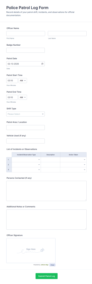 Police Patrol Log Form Template