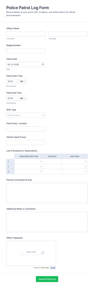 Police Patrol Log Form Template
