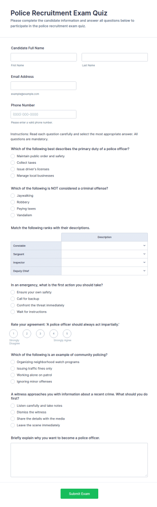 Police Recruitment Exam Quiz Form Template