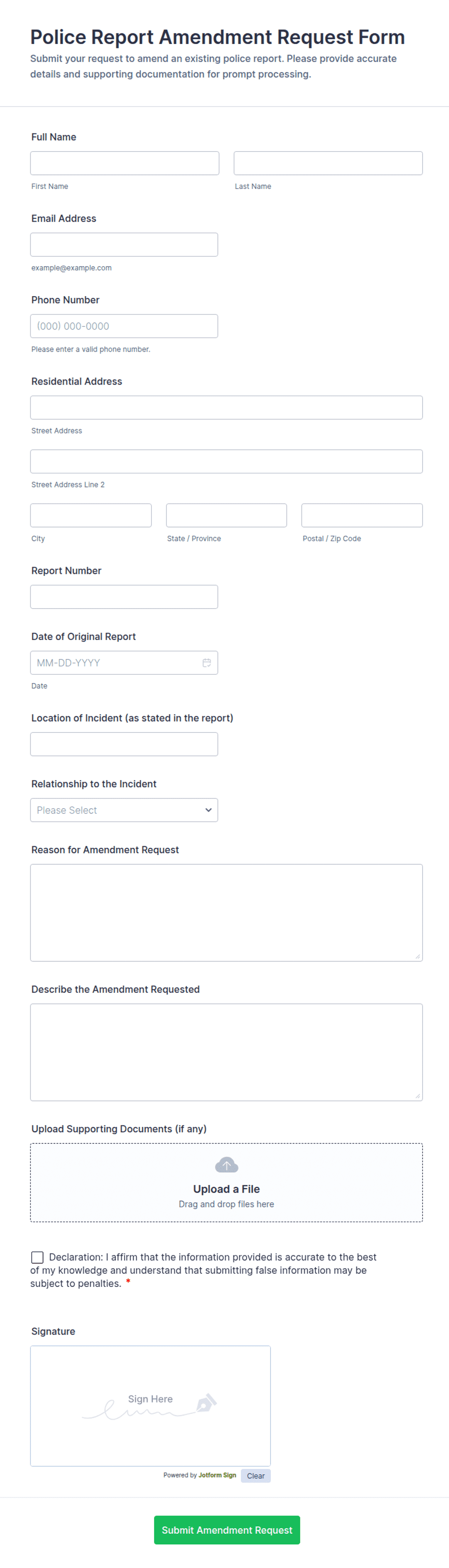 Police Report Amendment Request Form Template | Jotform