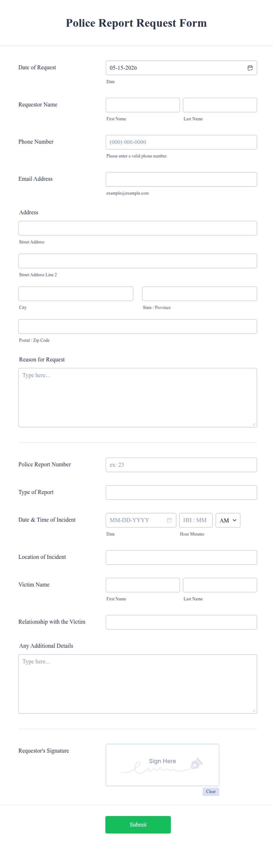 Police Responder Form Example Police Report Request Form Template | Jotform