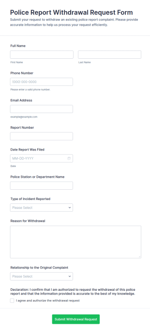 Police Report Withdrawal Request Form Template