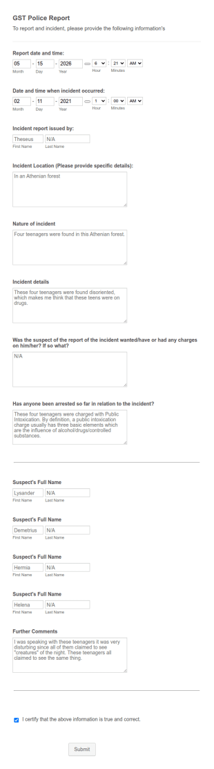 Police Report Form Template