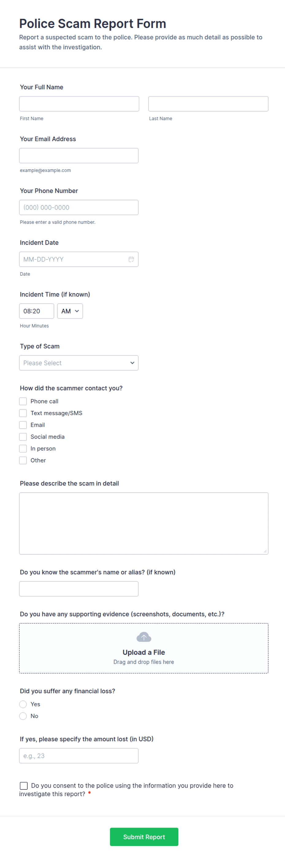 Police Scam Report Form Template | Jotform