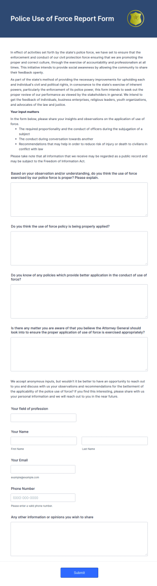 Police Use Of Force Report Form Template