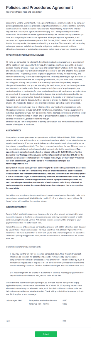 Mental Health Center Policies And Procedures Agreement Form Template
