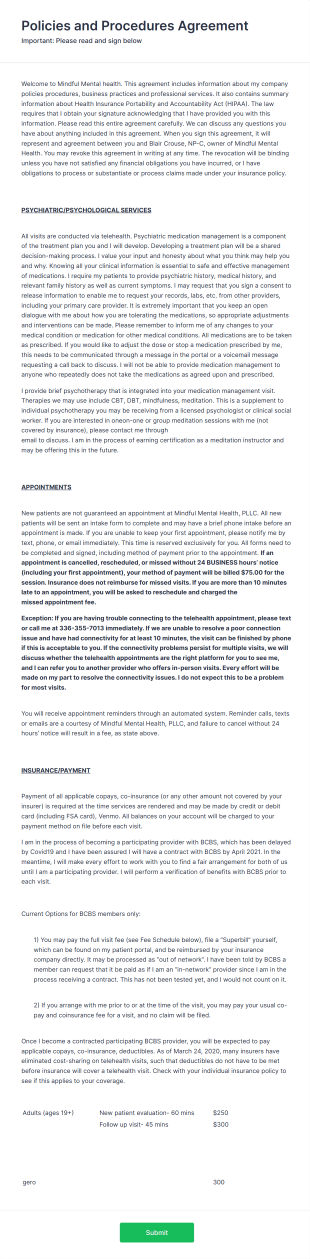 Mental Health Center Policies And Procedures Agreement Form Template