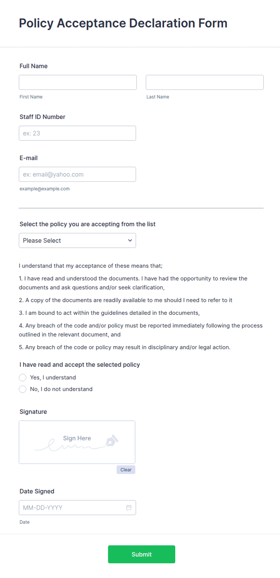 Declaration Of Policy Example Policy Acceptance Declaration Form Template | Jotform