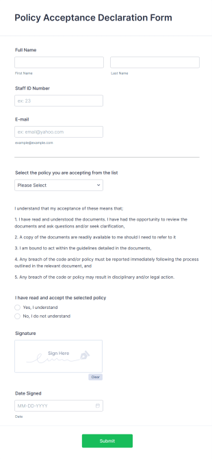 Policy Acceptance Declaration Form Template