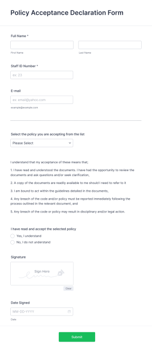 Policy Acceptance Declaration Form Template