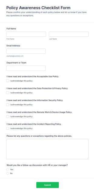 Policy Awareness Checklist Form Template