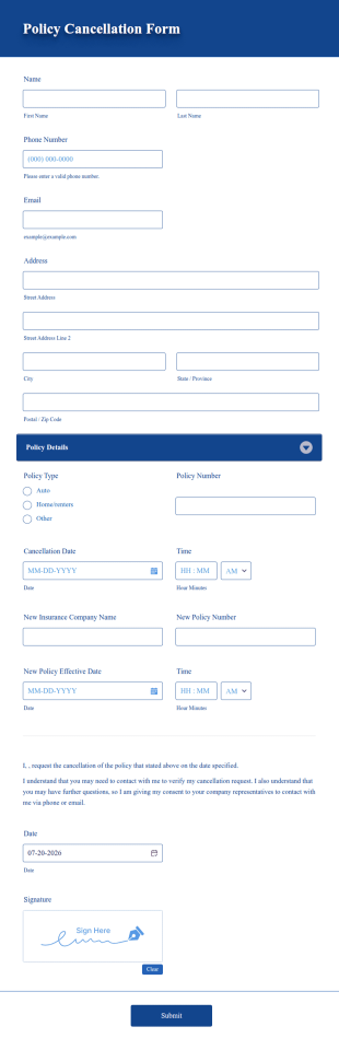 Policy Cancellation Form Template