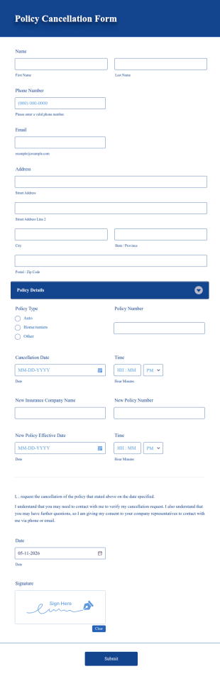 Policy Cancellation Form Template