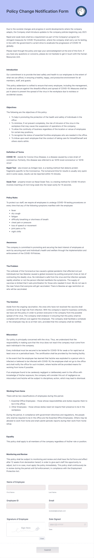 Policy Change Notification Form Template