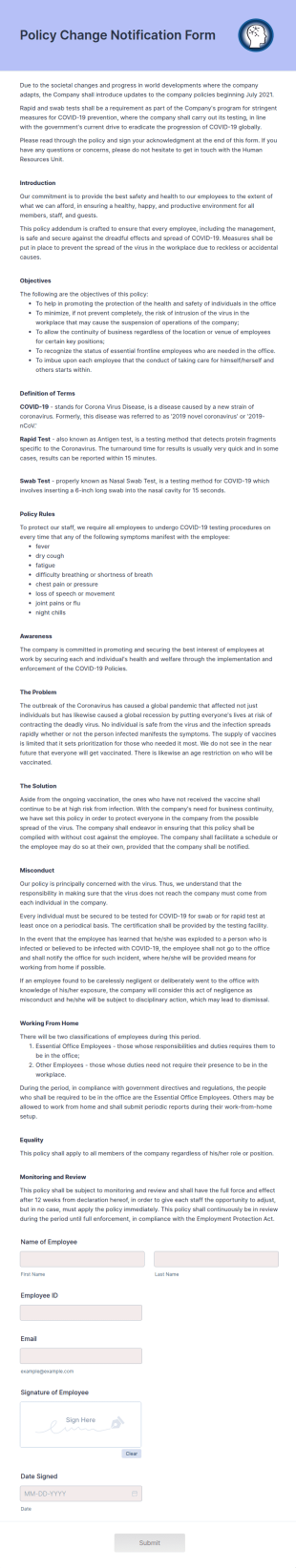 Policy Change Notification Form Template