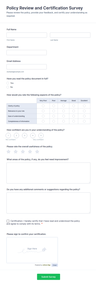 Policy Review And Certification Survey Form Template
