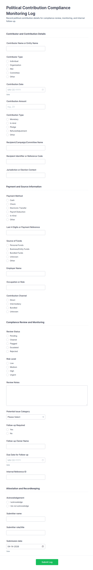 Political Contribution Compliance Monitoring Log Form Template